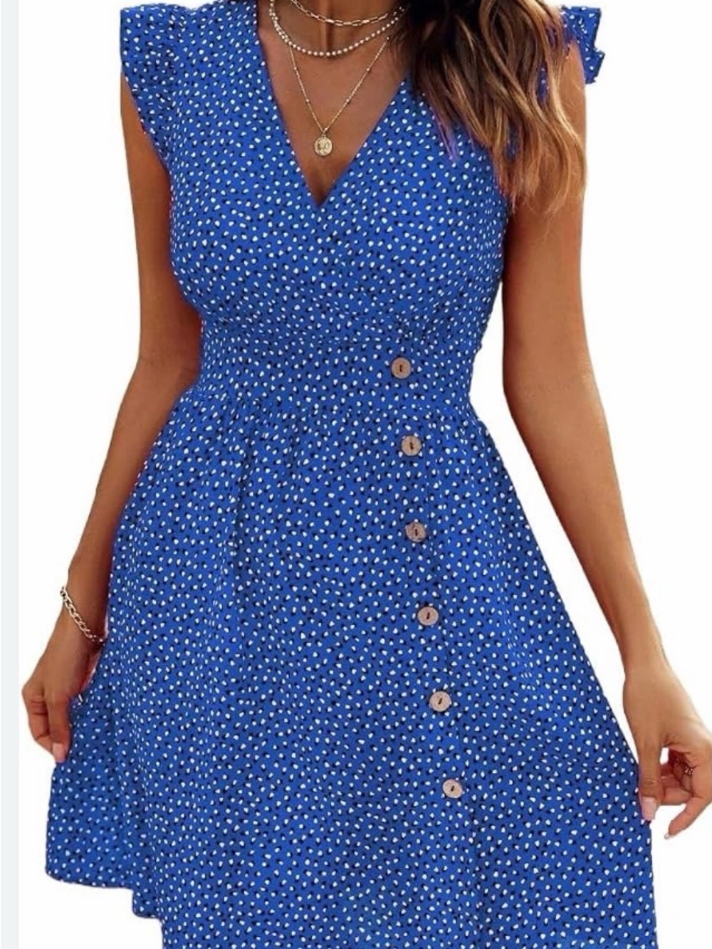 SHEIN Royal Blue Dotted V-Neck Mini Dress with Empire Waste & Button Trim